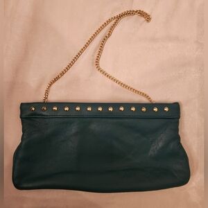 Cyan Color Leather Clutch with Gold Chain